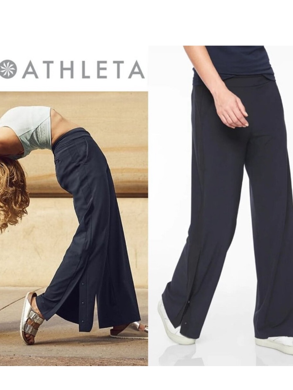 ATHLETA Gramercy Track Trouser Pants Wide Leg Button Hem Navy Blue Black Size 10
